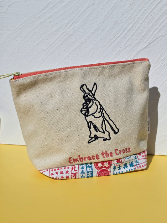Handmade Zipper Pouch – Hong Kong Fabric Cosmetic & Travel Pouch, Embroidered Faith & Love Gift, 2 Sizes