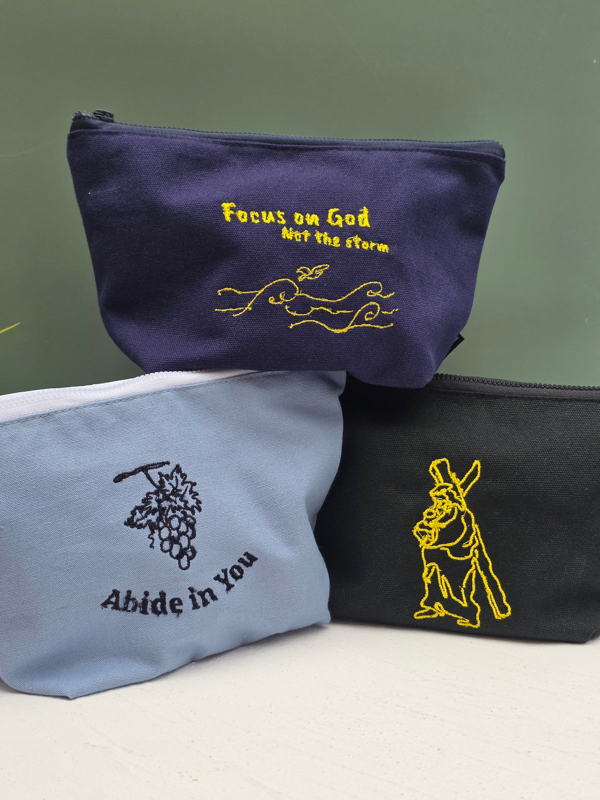 Handmade Zipper Pouch – Hong Kong Fabric Cosmetic & Travel Pouch, Embroidered Faith & Love Gift, 2 Sizes